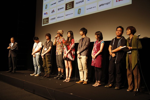 Filmmakers and cast members of the short films invited onstage after screening