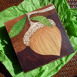 Original Acrylic Ink Drawing/Painting on wood block - 4 x 4 - Acorn in Chocolate Sky