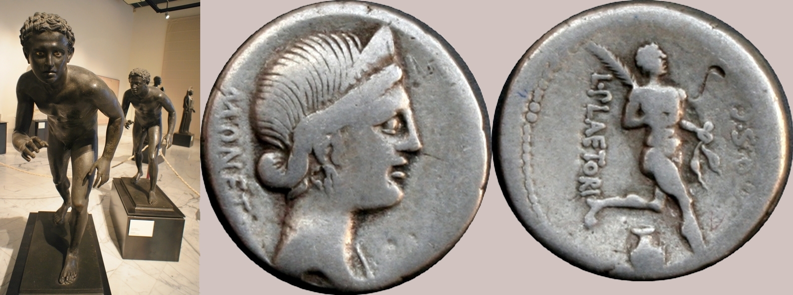 71BC 396/1 coin of Plaetoria athletes series, with two bronze athletes from the Villa of the Papyri Herculaneum