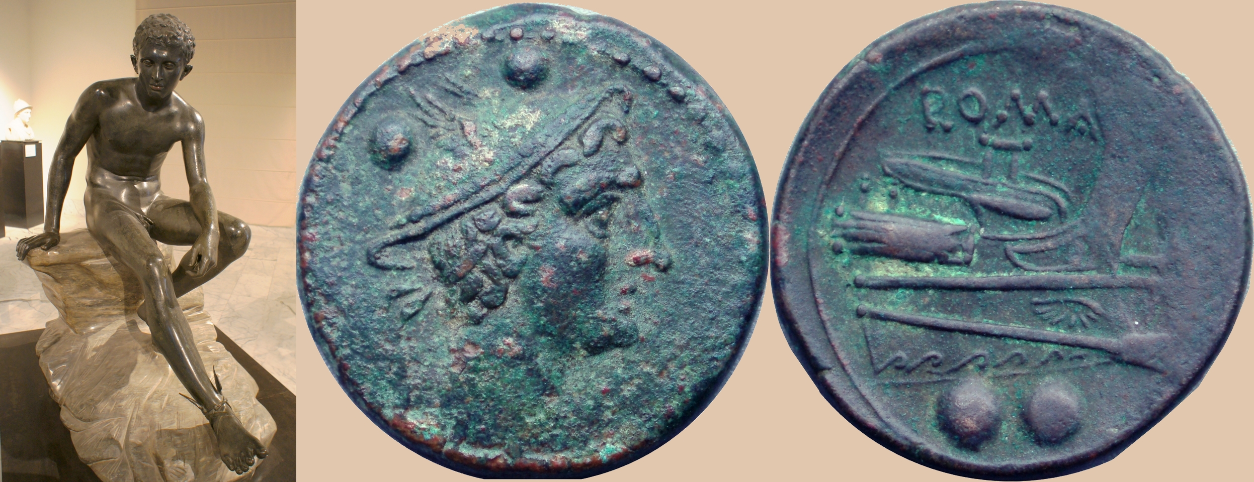 B3 97/6a coin of Luceria with Mercury and prow, alongside statue of the Greek God Hermes or Roman Mercury resting