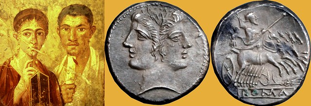 42/1 didrachm of Sicily 215BC, grain-basket of Rome, with an ear of corn, and portrait of the  Bread Baker Terentius Neo and his wife, fresco from Pompeii
