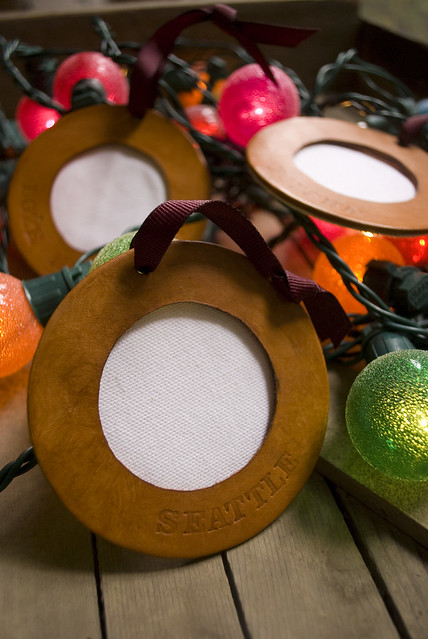 new holiday items:: leather ornaments