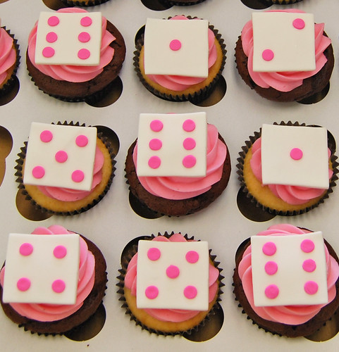 Pink and white Bunco dice cupcakes