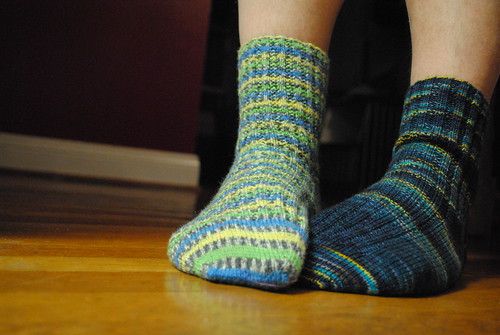 Garter Rib socks from Paton's Kroy and generic cuff down sock out of Hand Dyed by Larissa brown