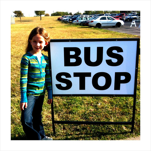 Rachel at the Discovery Park bus stop at UNT