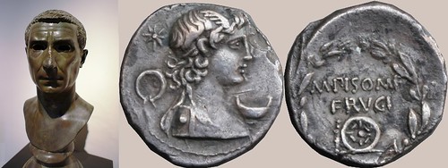 58BC 418/2 coin of Marcus Calpurnius Piso with Pontifical implements, and portrait statue of Lucius Calpurnius Piso Pontifex, brother-in-law of Julius Caesar