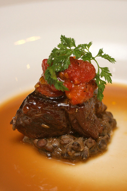 Lamb Shoulder - lavender glazed lamb shoulder on lentil cassoulet scented with smoked bacon and oven dried cherry tomatoes