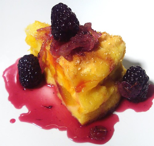 Clafoutis of peaches and apricots with caramelized fennel and blackberry-lavender sauce