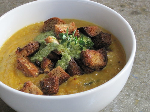 root veg soup with arugula pesto and crouton