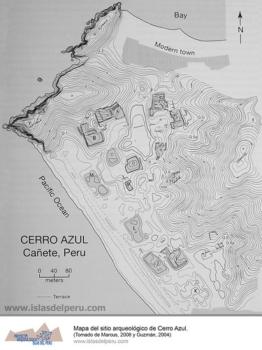 Mapa del sitio arqueológico de Cerro Azul (Tomado de Marcus, 2008 y Guzmán, 2004)