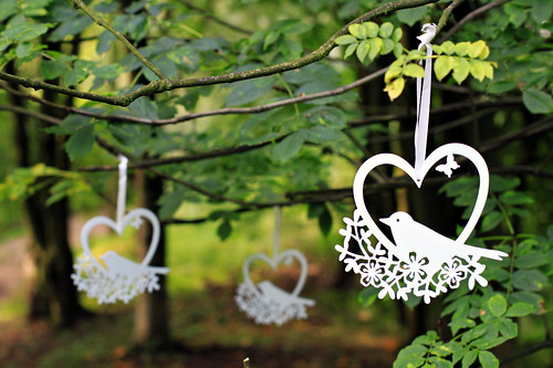 Pretty bird and heart hanging decorations perfect to hang from trees at an