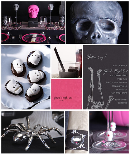 Set the table with skulls painted pink silver and black with fake ladylike 