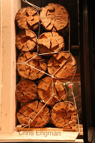 Chris Engman, logs on display, tied with rope, International district, Seattle, Washington, USA by Wonderlane