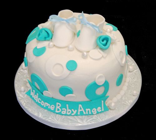 Tiffany blue and white sassy circles baby shower cake with baby shoes