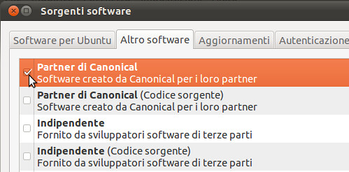 Figura 2 - Sorgenti software: abilitazione Partner di Canonical;