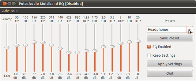 Figura 4 - Scelta di un profilo predefinito PulseAudio Equalizer, audio sale ancora al massimo;