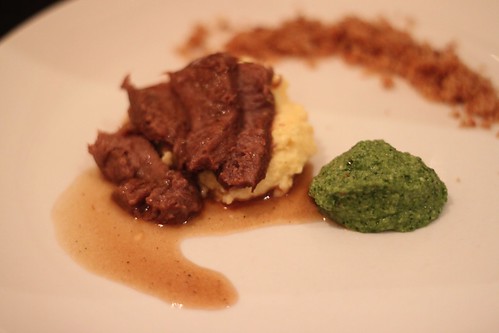 double braised ox tongue served on polenta