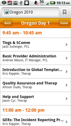 Screenshot of Oregon Conference Session Details of day 1 from mobile device