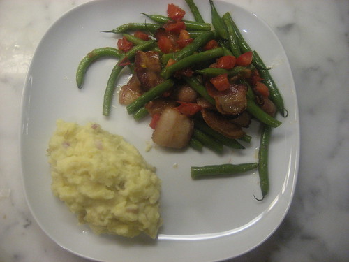 Bacon with green beans and tomatoes and mashed yukon gold potatoes