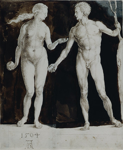 Adam and Eve, Albrecht Dürer, Pen and brown ink, brown wash, corrections in white