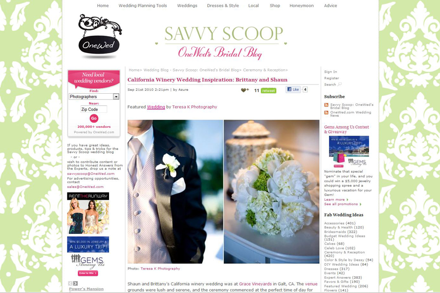 Sacramento Wedding Photographer, Teresa K, Featured Wedding on OneWed.com's Savvy Scoop Bridal Blog