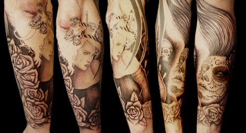 Sylvia Ji sleeve tattoo in progress by Miguel Angel tattoo