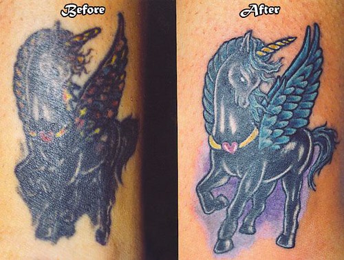 Unicorn tattoo restoration. Tattoo by Tim Baxley