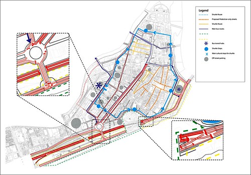 proposed transit routes, pedestrian streets, and circulation patterns (by: UC-DAAP)