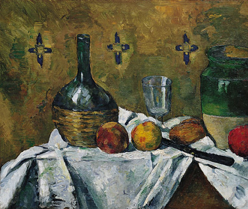 Still Life Flask, Glass, and Jug (Fiasque, verre et poterie), ca.  1877. Oil on canvas, Paul Cézanne
