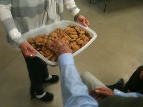 Arlie Middlebrook handing out chia cookies (tasty--needs chocolate). Chia = Salvia columbariae
