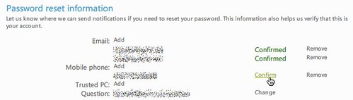 Windows Live Account: Password reset information