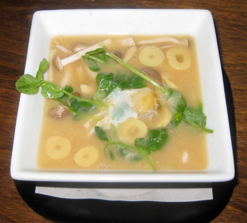 Miso vegetable soup with quail egg