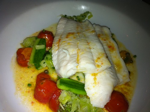 Petrale Sole with Roasted Cherry Tomatoes, Cucumbers, and Green Peppercorn Sauce
