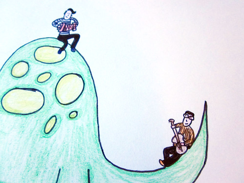 My artwork of They Might Be Giants on a dinosaur.