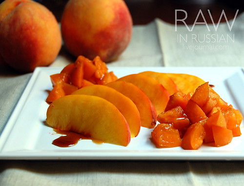 Yellow peach with apricot compote and carob syrup
