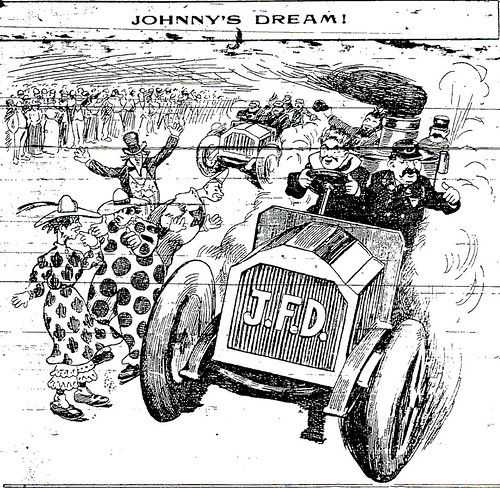 Cartoon of a fire engine racing on a race track