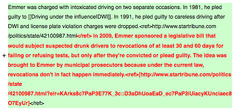 Additions to Tom Emmer's DWI Info on Wikipedia