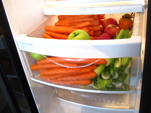 Fruits and veggies in the fridge