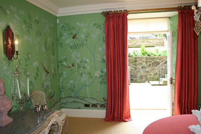 de gournay green with pink velvet curtains