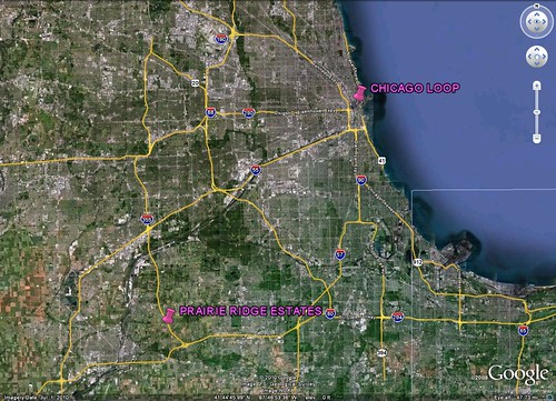 40 miles from Chicago (via Google Earth, markings by me)