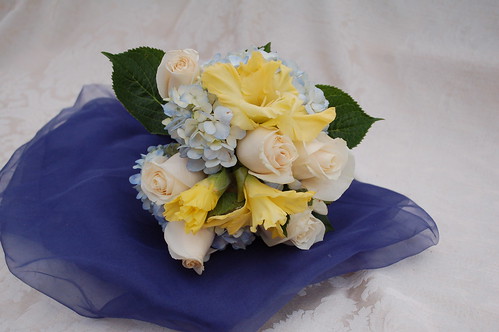 white rose bouquet with blue ribbon. White Roses, Blue Ribbon