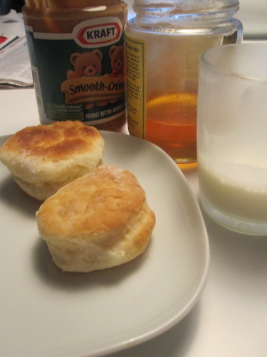 Biscuits with PB and honey, milk