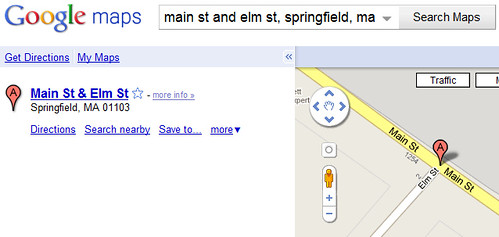Google Maps & Crossroads - Main Street and Elm Street in Springfield, Massachussetts