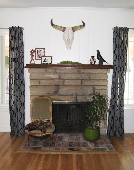 fireplace sitting area+cow skull+eames house bird