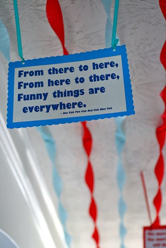  the entryway with red and blue streamers to help set the fun atmosphere 