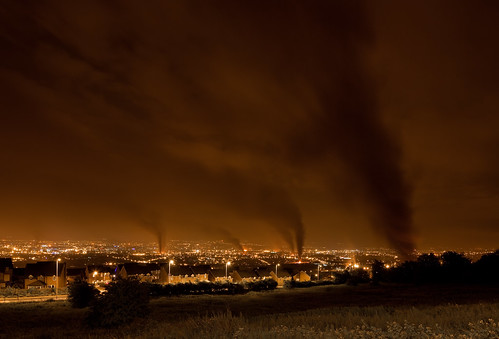 View of Belfast, Burning Bonfires Throughout Protestant Neighborhoods