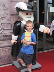 X with a monster Playmobil figure, Malta Pavilion