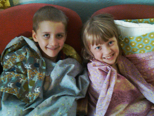Kids wrapped up in blankets Eden sewed