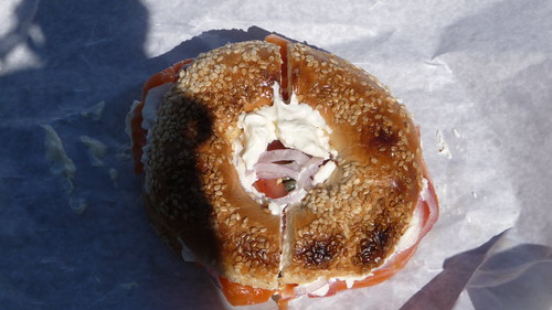 A shadowy bagel with the works from Mile End
