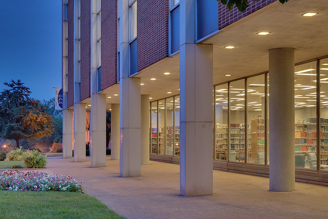 Saint Louis University, in Saint Louis, Missouri, USA - close view of Pope Pius XII Library at dawn